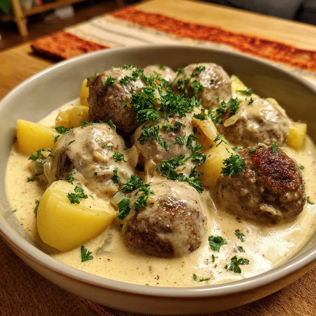 Zarte Klopse in Rahmsauce mit Kartoffeln, serviert in einer Schüssel, nahaufnahme mit frischer Petersilie garniert.