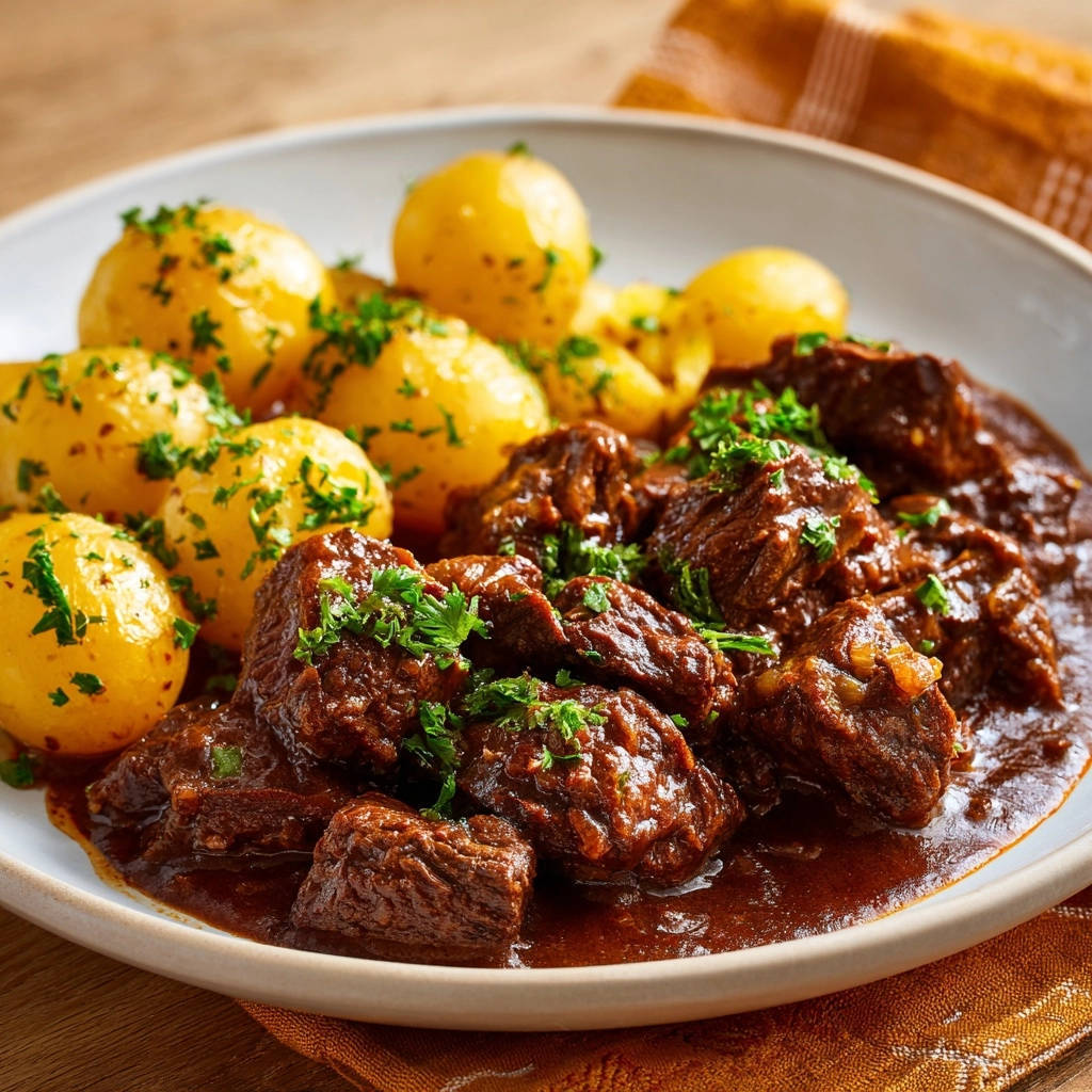 Zartes Rindergulasch mit kleinen Kartoffeln und Petersilie, nahaufnahme auf einem Teller serviert.
