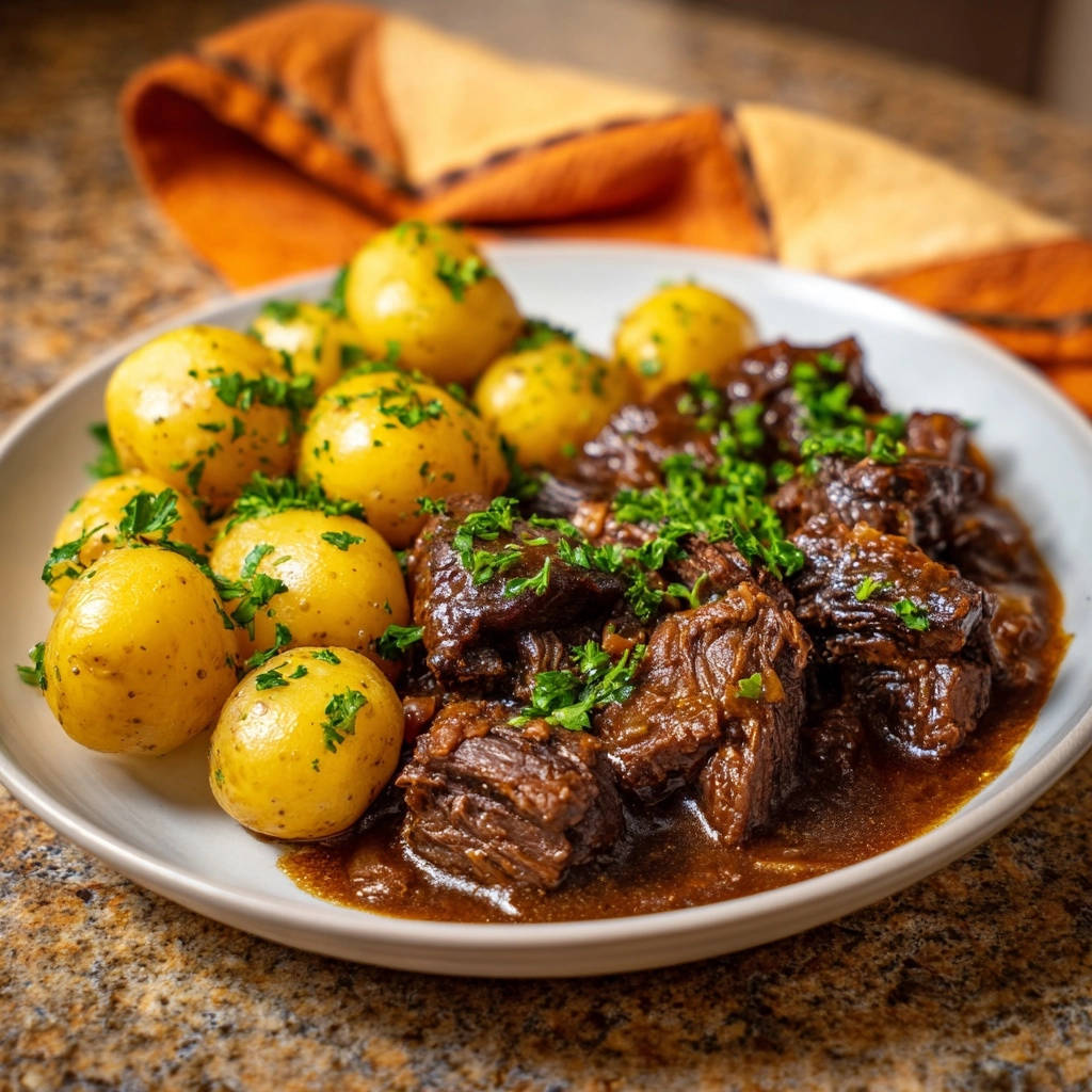 Zartes Rindergulasch mit kleinen Kartoffeln und frischen Kräutern auf einem Teller serviert, Nahaufnahme.