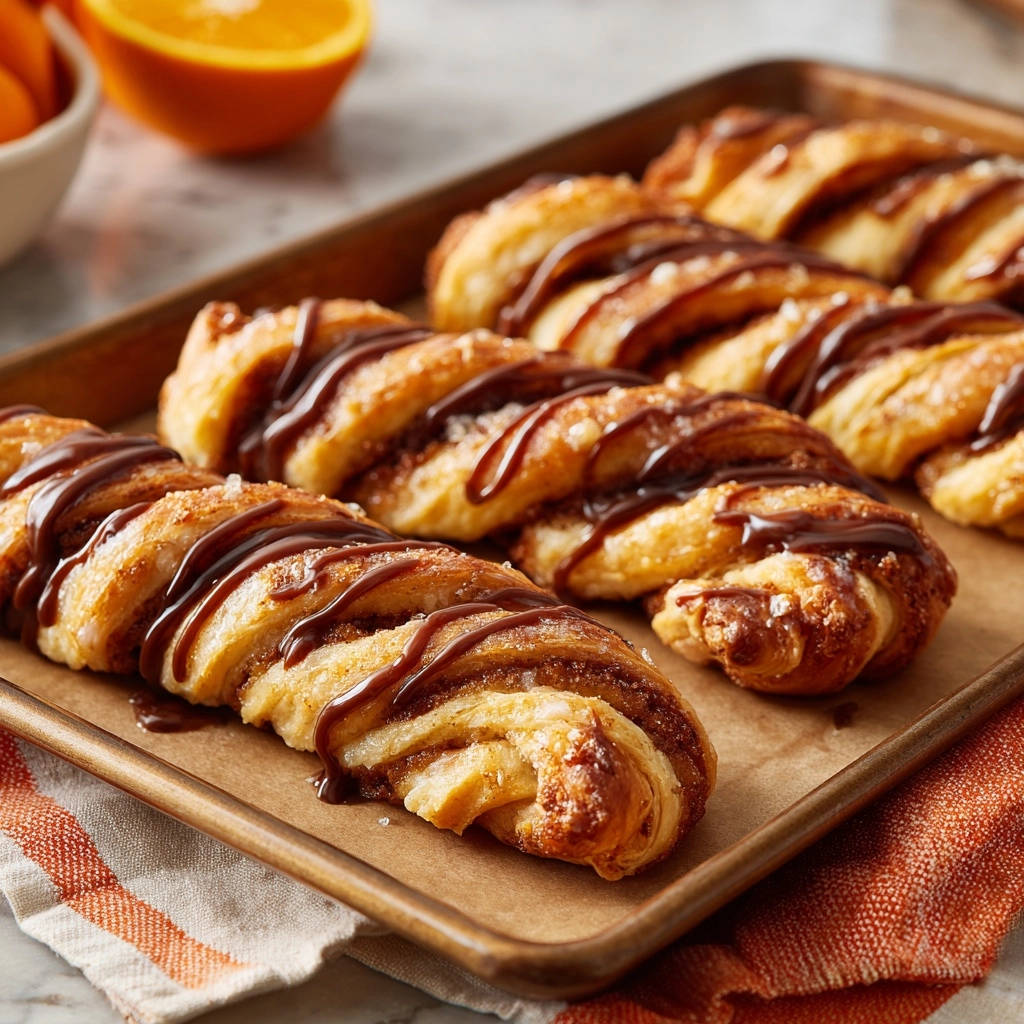 Zimt-Schoko-Twists mit Schokoladenglasur und Zuckerkristallen auf einem Backblech, Nahaufnahme der Textur.
