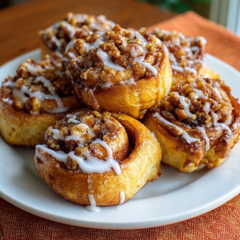Zimtschnecken mit Nuss-Zimt-Streusel und Frischkäse-Glasur als Nahaufnahme auf einem Teller, frisch gebacken und glasiert.