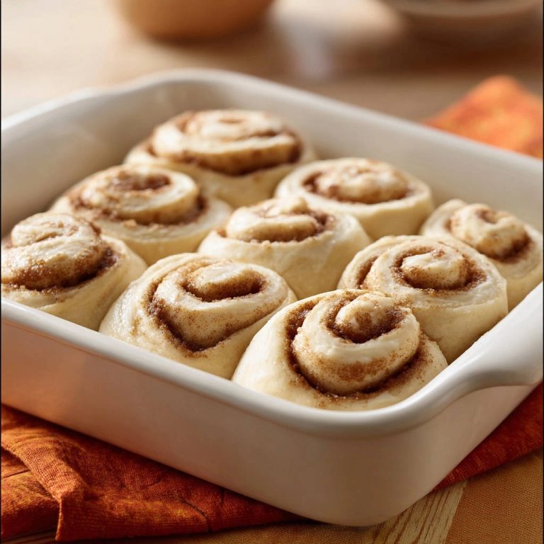 Zimtschnecken wie vom Bäcker, hier als roher Teig in einer weißen Auflaufform vor dem Backen.