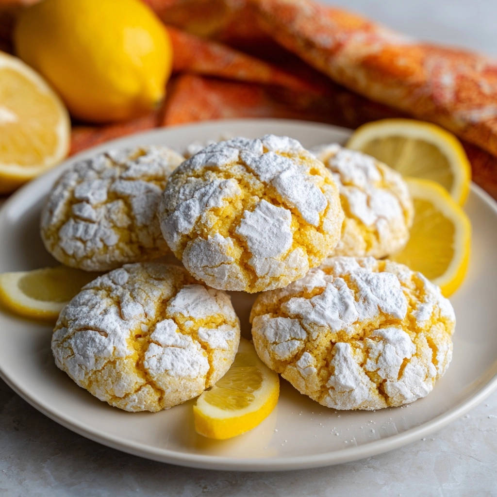 Saftige Zitronen-Crinkle-Cookies mit Puderzucker bestäubt, nahaufnahme der rissigen Textur und Zitronenscheiben.