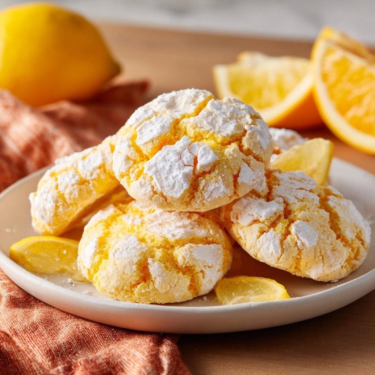 Saftige Zitronen-Crinkle-Cookies mit Puderzucker bestäubt, auf einem Teller mit Zitronenspalten und einem Tuch serviert.