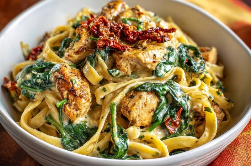 Cremige Hähnchen-Spinat-Pasta mit getrockneten Tomaten