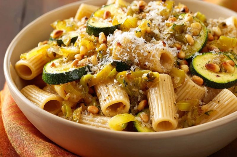 Cremige Lauch-Zucchini-Pasta mit Pinienkernen