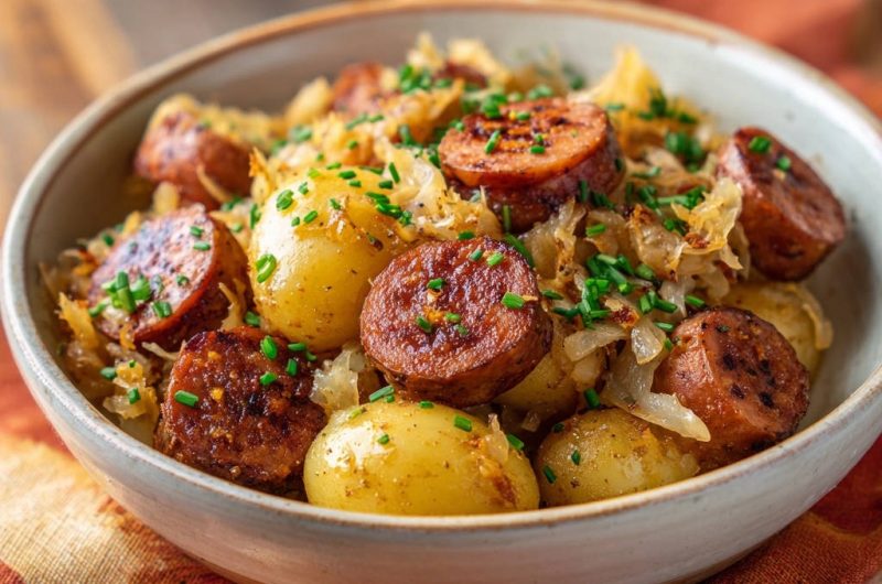 Deftige Bratwurstpfanne mit Sauerkraut und Kartoffeln