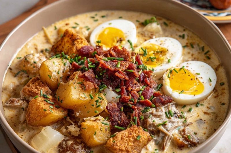 Deftiger Kartoffel-Cremetopf mit knusprigem Bacon und Ei