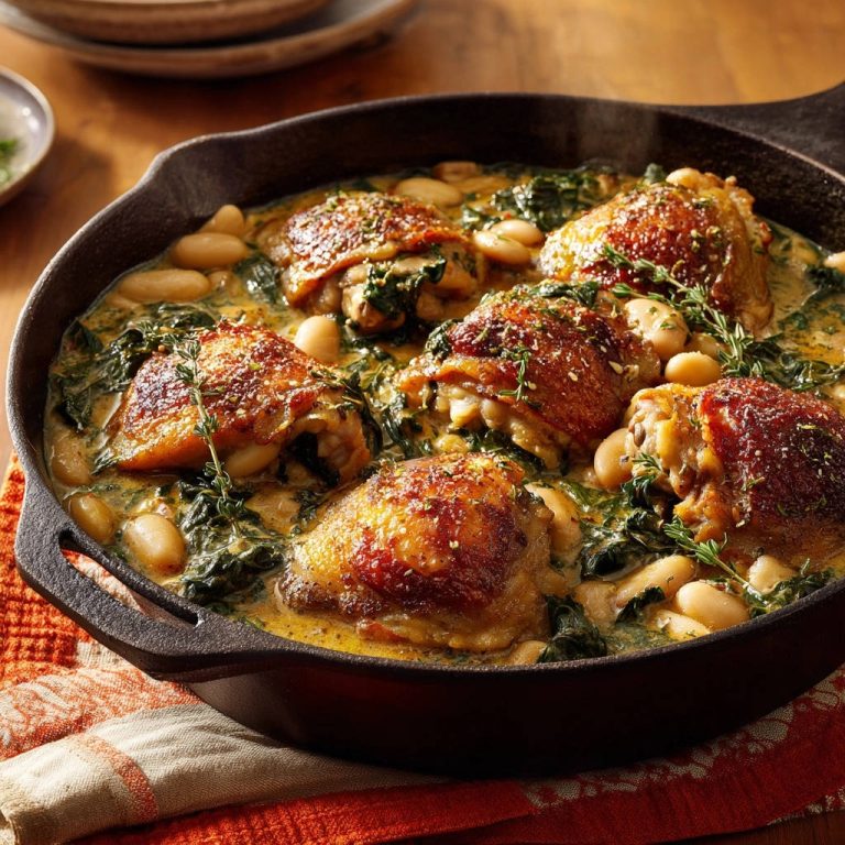 Geschmortes Hähnchen mit weißen Bohnen und Spinat: Knusprig & Zart