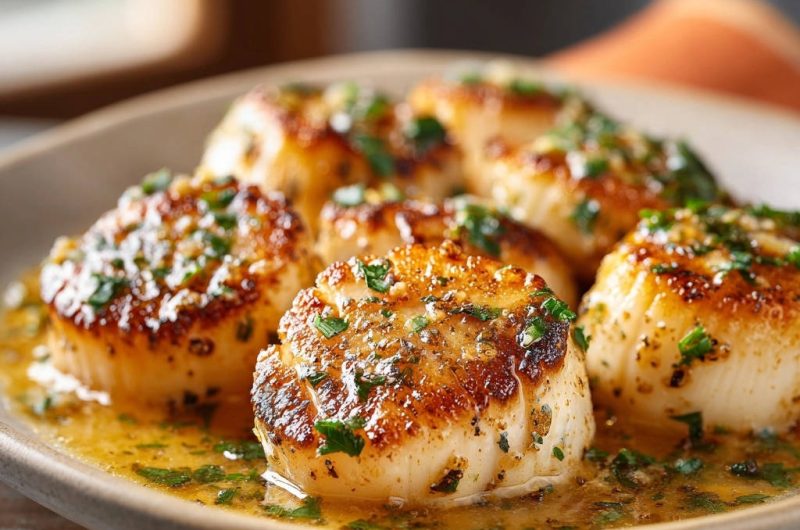 Goldbraune Jakobsmuscheln mit Kräuter-Knoblauch-Soße