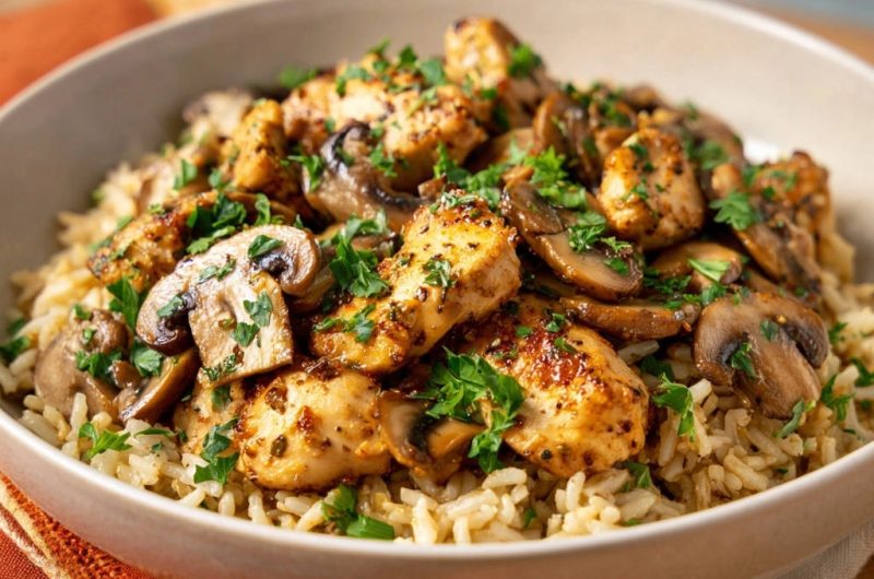 Hähnchen-Pilz-Bowl mit lockerem Reis