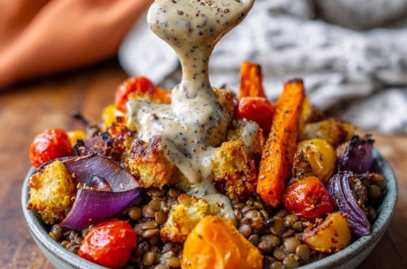 Herzhafter Linsentopf mit knusprigem Ofengemüse