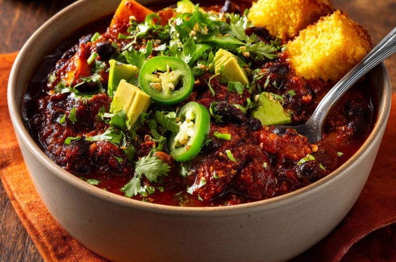 Herzhaftes Bohnen-Chili mit Avocado und Maisbrot