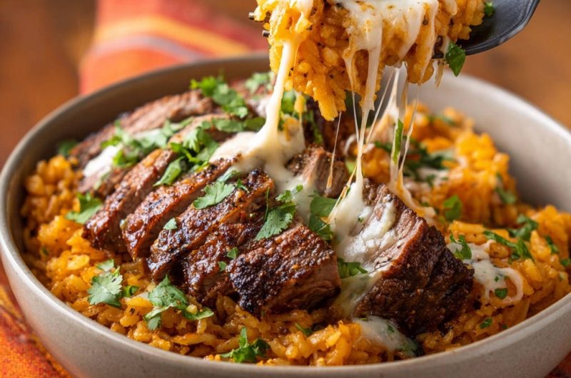 Herzhaftes Steak mit Tex-Mex Reis und Käse