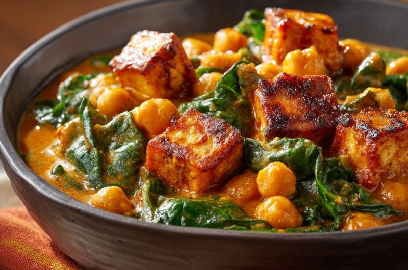 Kichererbsen-Spinat-Curry mit gebratenem Paneer