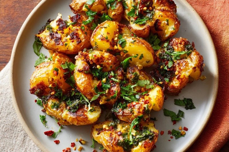 Knusprige Smashed Potatoes mit Kräuter-Chili-Öl