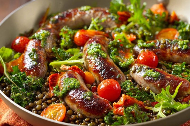 Pfannengericht mit Linsen, Grünkohl und Bratwürstchen