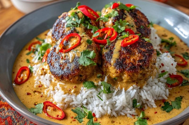 Saftige Thai-Curry-Hackbällchen mit Reis
