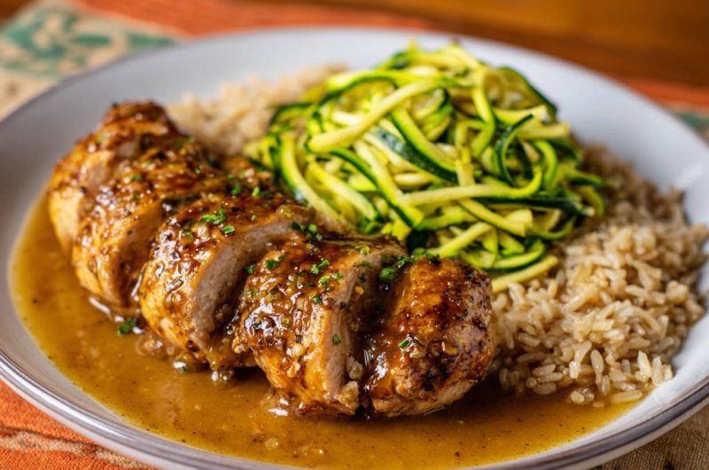 Saftiges Honig-Senf-Hähnchen mit Zucchini-Spiralen und Reis