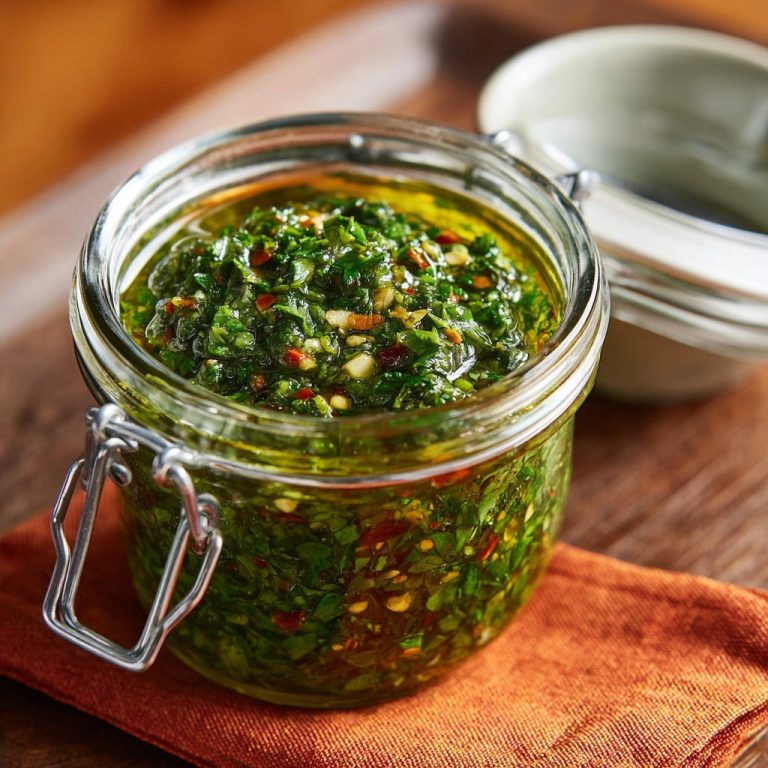 Argentinisches Kräuter-Feuer im Schraubglas, eine Nahaufnahme der grünen Würzsauce mit Kräutern und Chili.