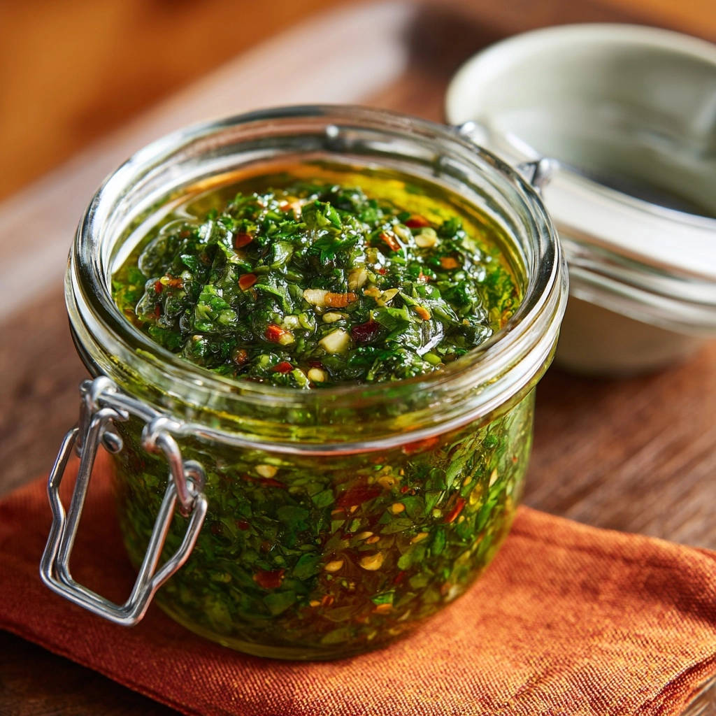 Argentinisches Kräuter-Feuer im Schraubglas, eine Nahaufnahme der grünen Würzsauce mit Kräutern und Chili.