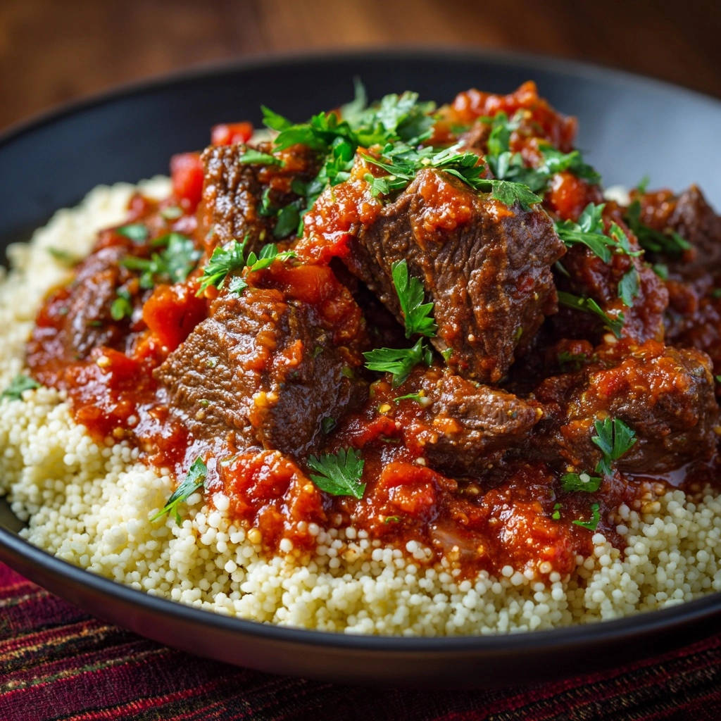 Aromatische Rindfleisch-Tajine auf Couscous, Nahaufnahme der zarten Fleischstücke mit Tomatensauce und Petersilie garniert.