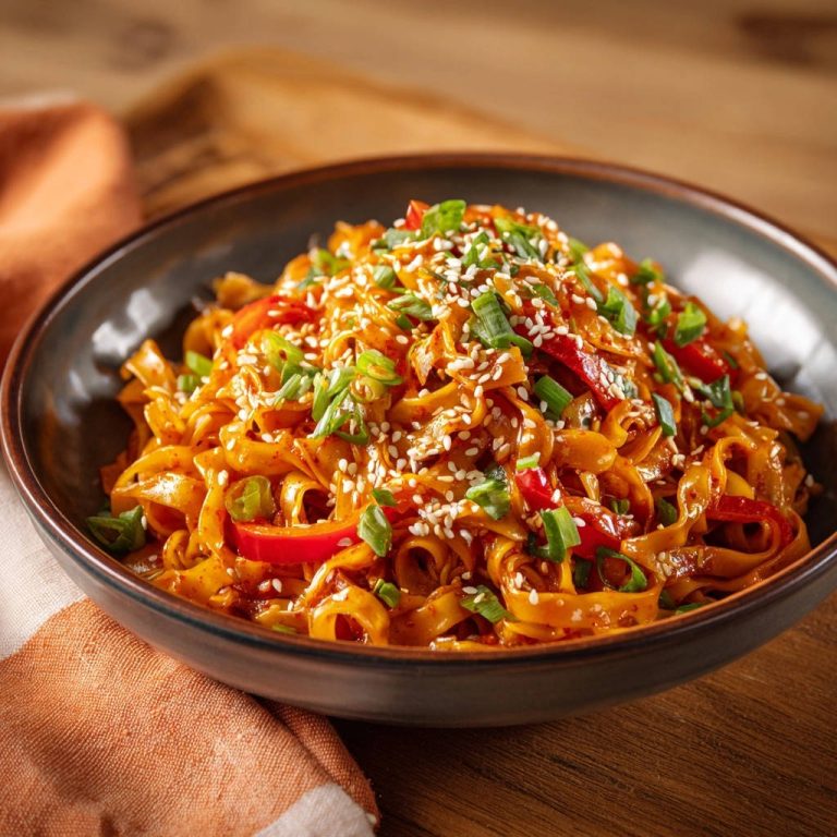 Asiatische Bandnudeln mit Paprika und Sesam, garniert mit Frühlingszwiebeln, in einer Schüssel auf einem Holztisch serviert.