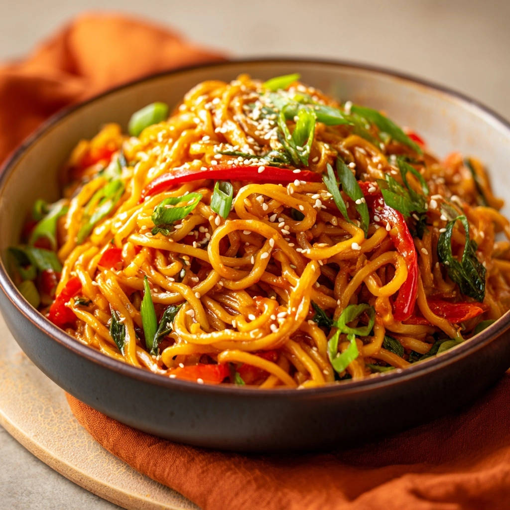 Asiatische Bandnudeln mit Paprika und Sesam als Nahaufnahme mit Sesamkörnern und Frühlingszwiebeln garniert.