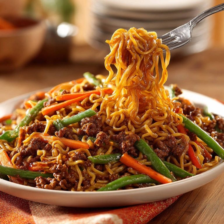 Asiatische Nudelpfanne mit Rinderhack und knackigem Gemüse, Nudeln werden mit einer Gabel aus der Pfanne gehoben.