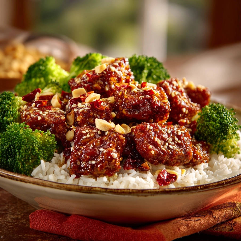 Asiatische Rindfleisch-Brokkoli-Bowl, appetitlich serviert mit Reis, Brokkoli und garniert mit Erdnüssen und Chilis.