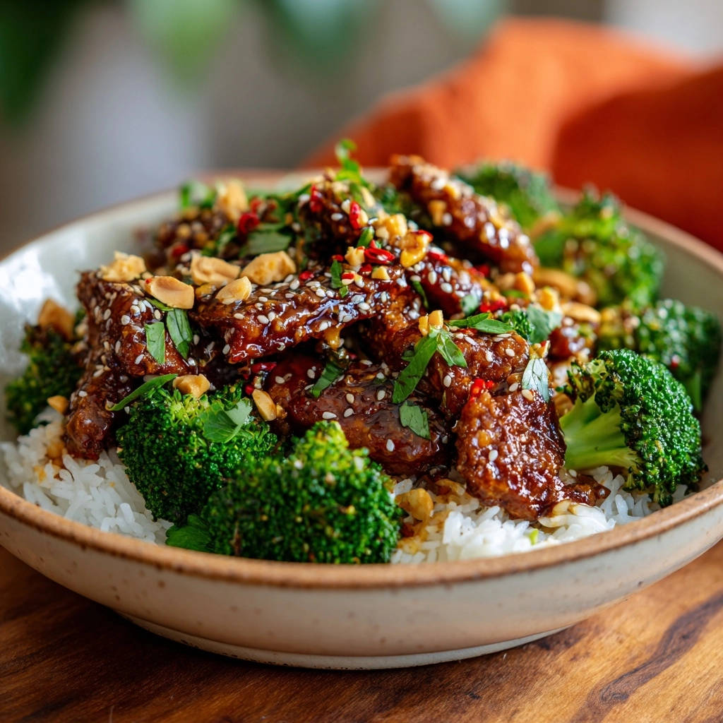 Asiatische Rindfleisch-Brokkoli-Bowl, garniert mit Erdnüssen, Sesam und Kräutern, auf Reis serviert.