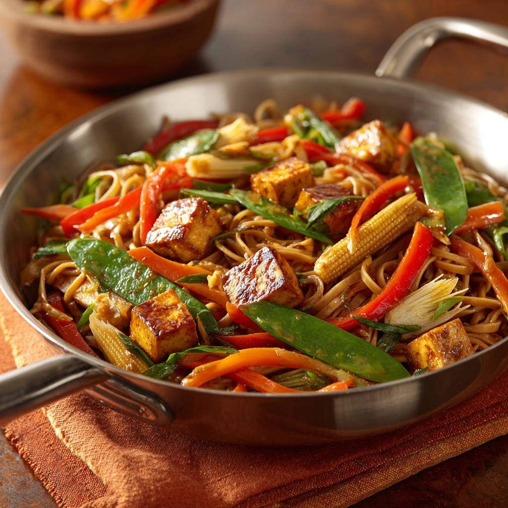 Asiatische Tofu-Nudel-Pfanne mit detailreicher Ansicht von knusprigem Tofu und frischem Gemüse in der Pfanne.