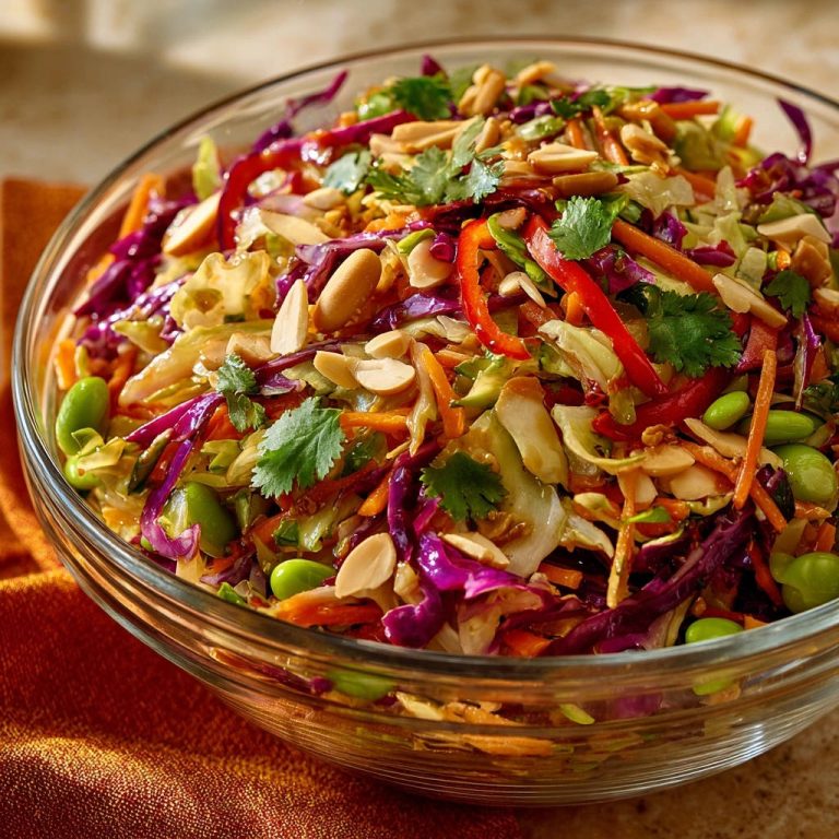 Asiatischer Krautsalat mit Erdnuss-Dressing, Nahaufnahme der frischen Zutaten und Erdnüsse in einer Glasschüssel.