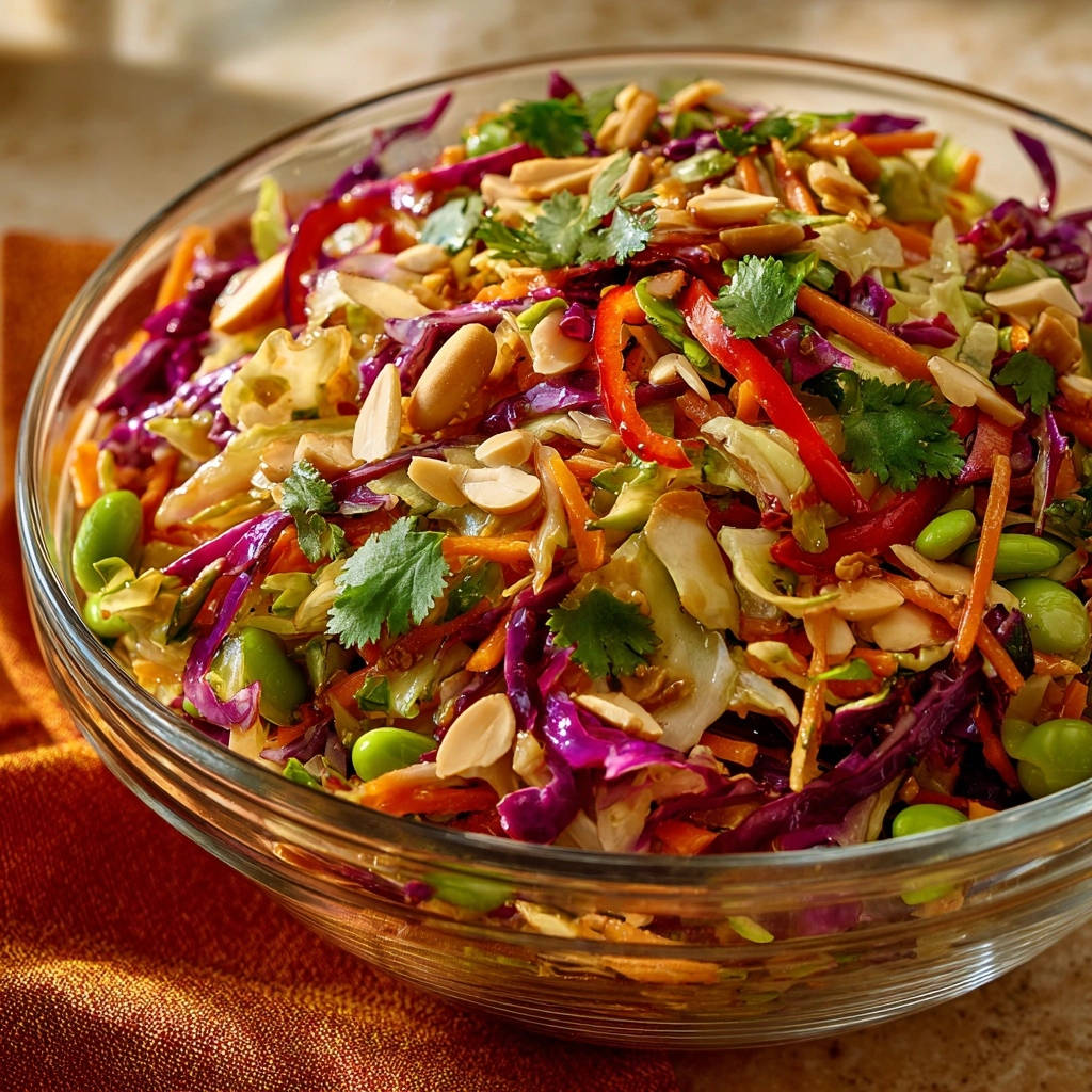 Asiatischer Krautsalat mit Erdnuss-Dressing, Nahaufnahme der frischen Zutaten und Erdnüsse in einer Glasschüssel.