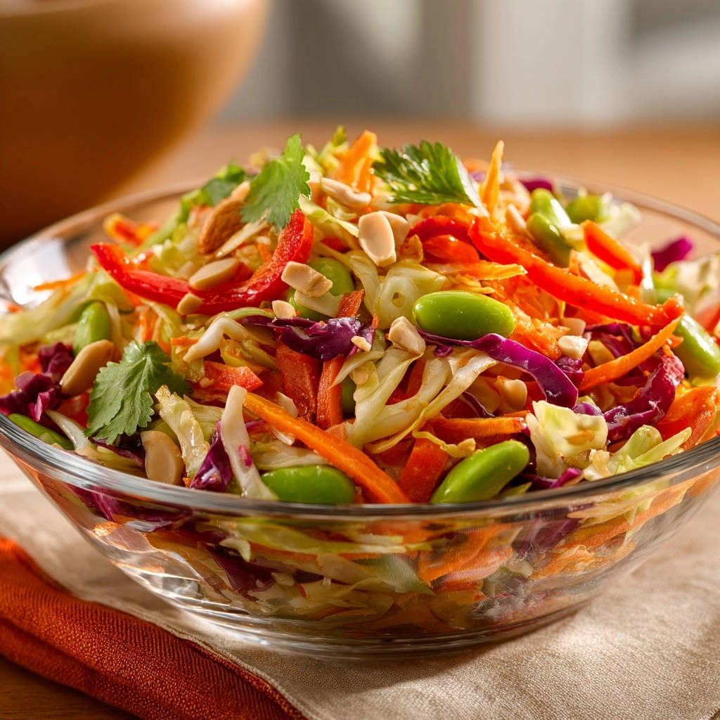Asiatischer Krautsalat mit Erdnuss-Dressing in einer Glasschüssel, Nahaufnahme der frischen Zutaten und Erdnüsse.