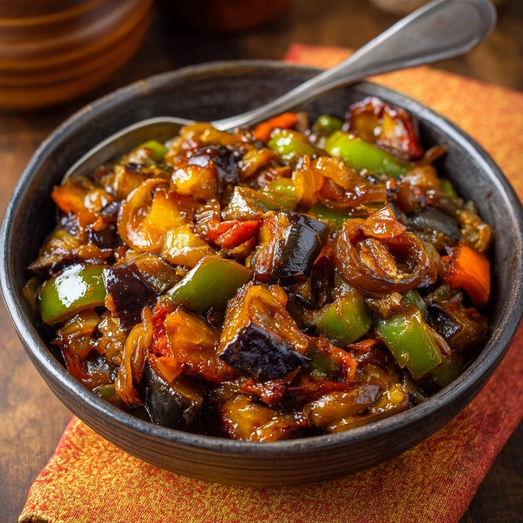 Auberginen-Paprika-Pfanne als Nahaufnahme in einer Schüssel mit einem Löffel serviert, mit geschmorten Auberginen und Paprika.