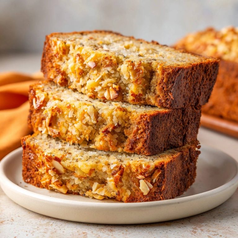 Saftiges Bananenbrot mit gerösteten Mandeln und Kokos – gestapelte Scheiben auf einem Teller zeigen die saftige Textur.