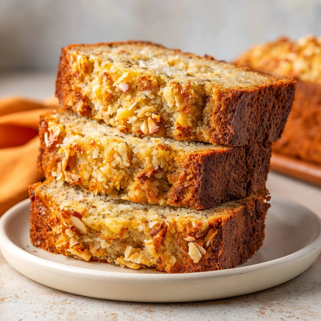 Saftiges Bananenbrot mit gerösteten Mandeln und Kokos – gestapelte Scheiben auf einem Teller zeigen die saftige Textur.