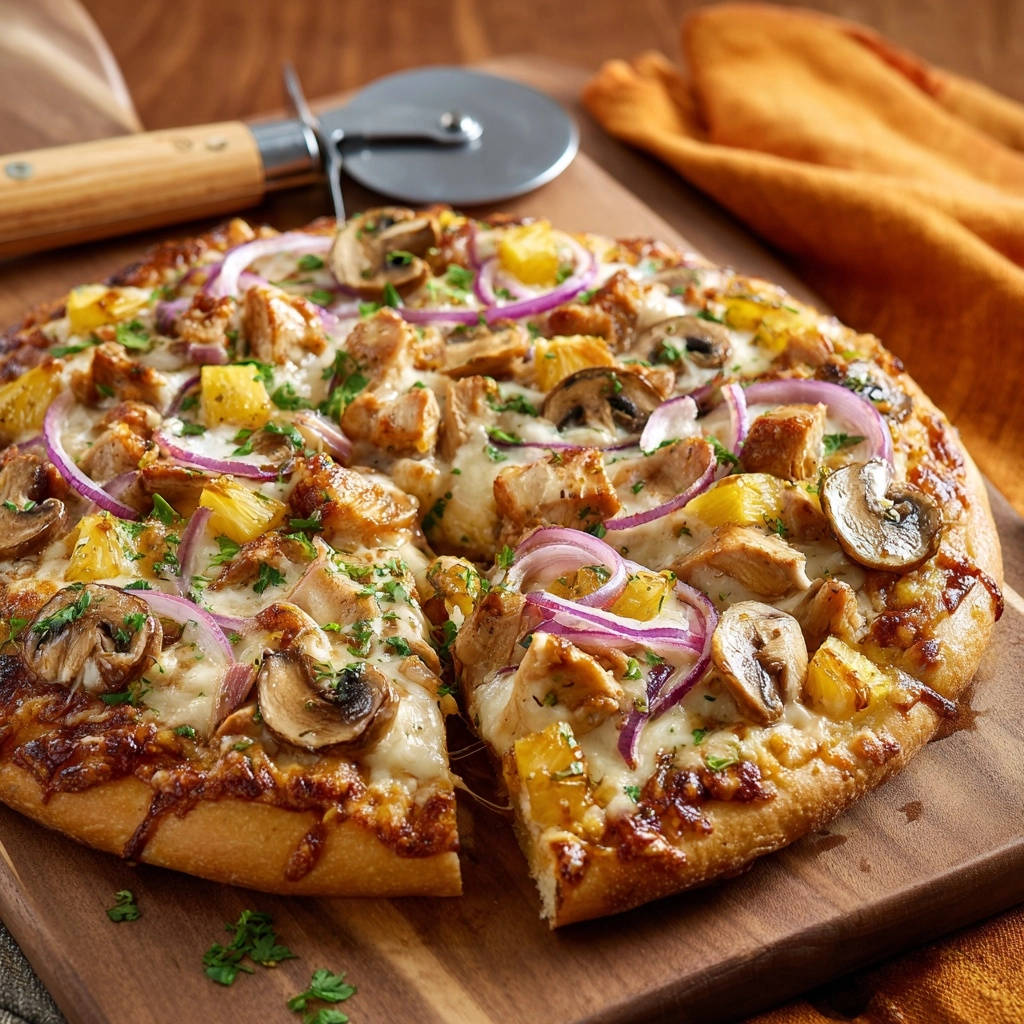 BBQ Chicken & Ananas Pizza angeschnitten mit sichtbaren Belägen wie Hähnchen, Ananas und Pilzen