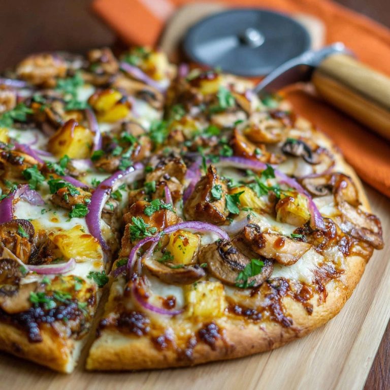 BBQ Chicken & Ananas Pizza angeschnitten mit knusprigem Boden und sichtbaren Toppings wie Pilzen und roten Zwiebeln