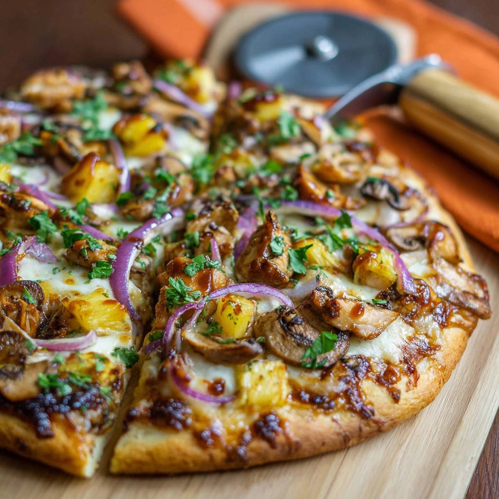 BBQ Chicken & Ananas Pizza angeschnitten mit knusprigem Boden und sichtbaren Toppings wie Pilzen und roten Zwiebeln