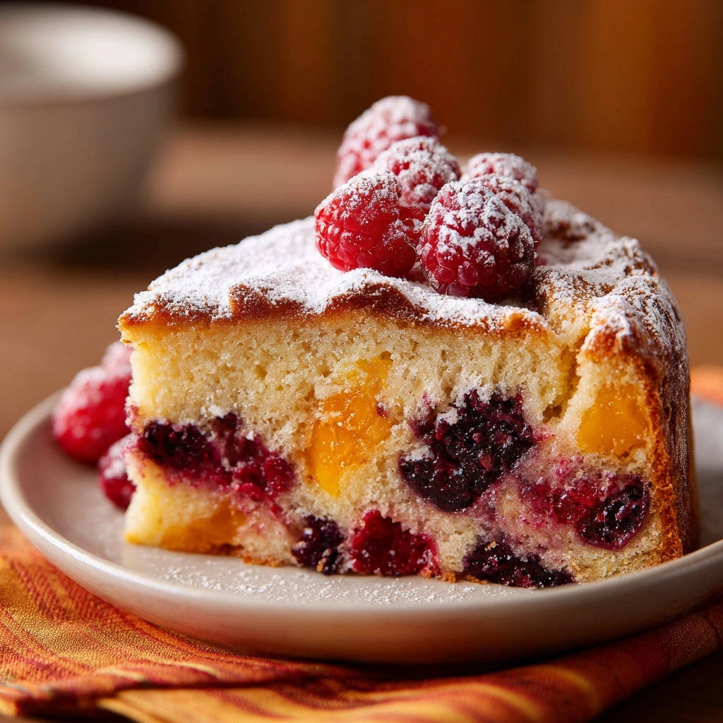 Saftiger Beeren-Aprikosen-Rührkuchen im Querschnitt, bestäubt mit Puderzucker und garniert mit frischen Himbeeren.