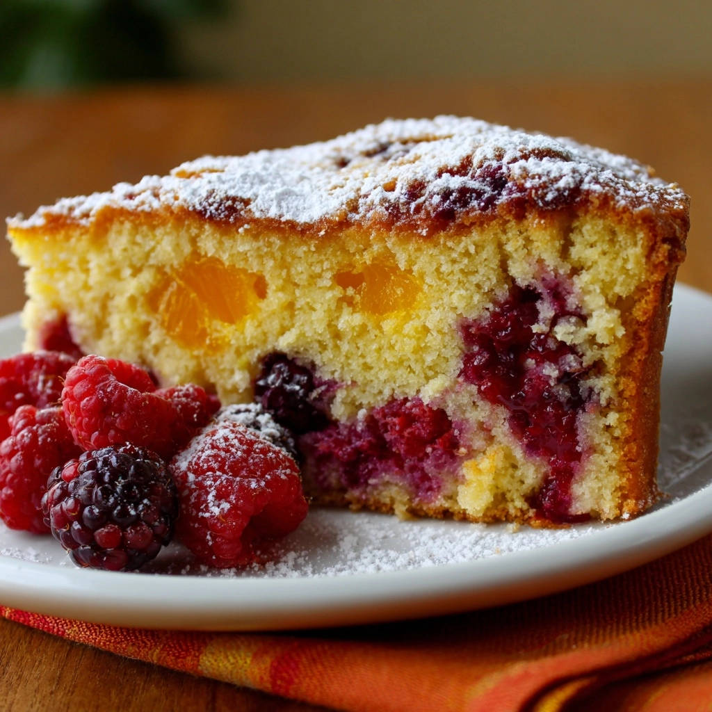 Saftiger Beeren-Aprikosen-Rührkuchen im Querschnitt mit sichtbaren Früchten und Puderzuckerbestreuung.