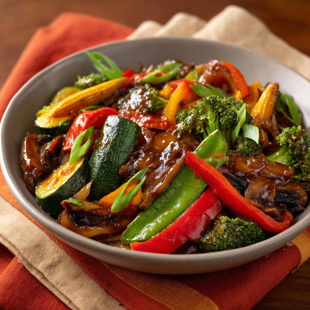 Blitz-Wok-Pfanne mit Rindfleisch und knackigem Gemüse als Nahaufnahme in einer Schüssel mit Soße.