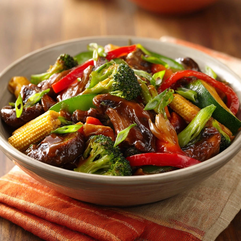 Blitz-Wok-Pfanne mit Rindfleisch und knackigem Gemüse, Nahaufnahme der bunten Zutaten in einer Schüssel mit Soße.