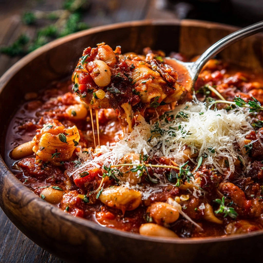 Herzhafter Bohnen-Pasta-Eintopf, serviert mit einem Löffel, der Käse und Kräuter zeigt