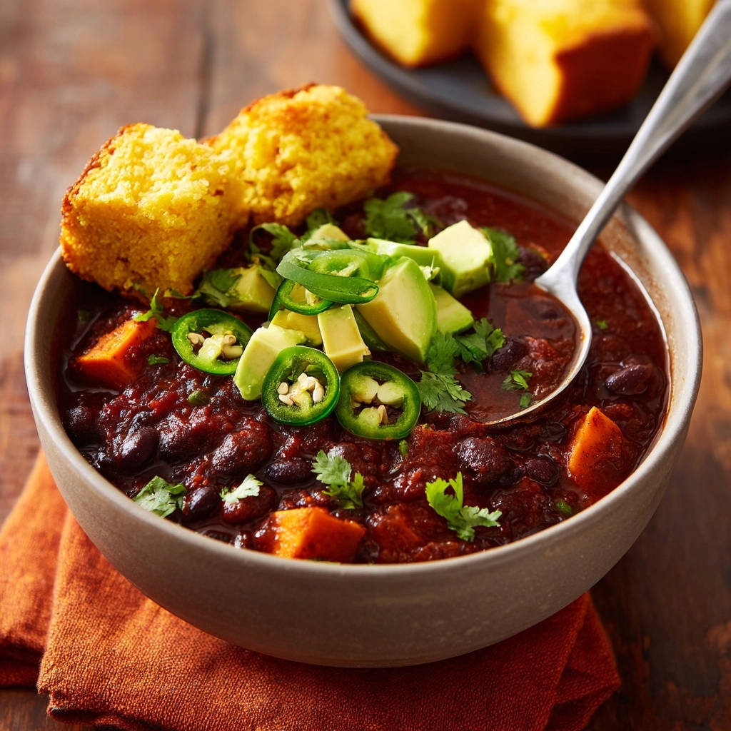Herzhaftes Bohnen-Chili mit Avocado und Maisbrot, garniert mit Jalapeño-Scheiben, serviert in einer Schüssel.