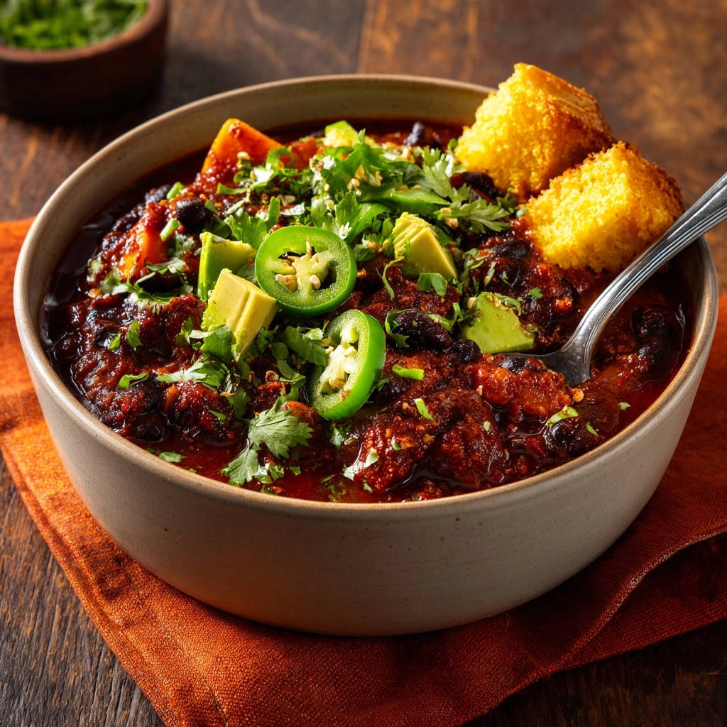 Herzhaftes Bohnen-Chili mit Avocado und Maisbrot, garniert mit frischem Koriander und Jalapeños.