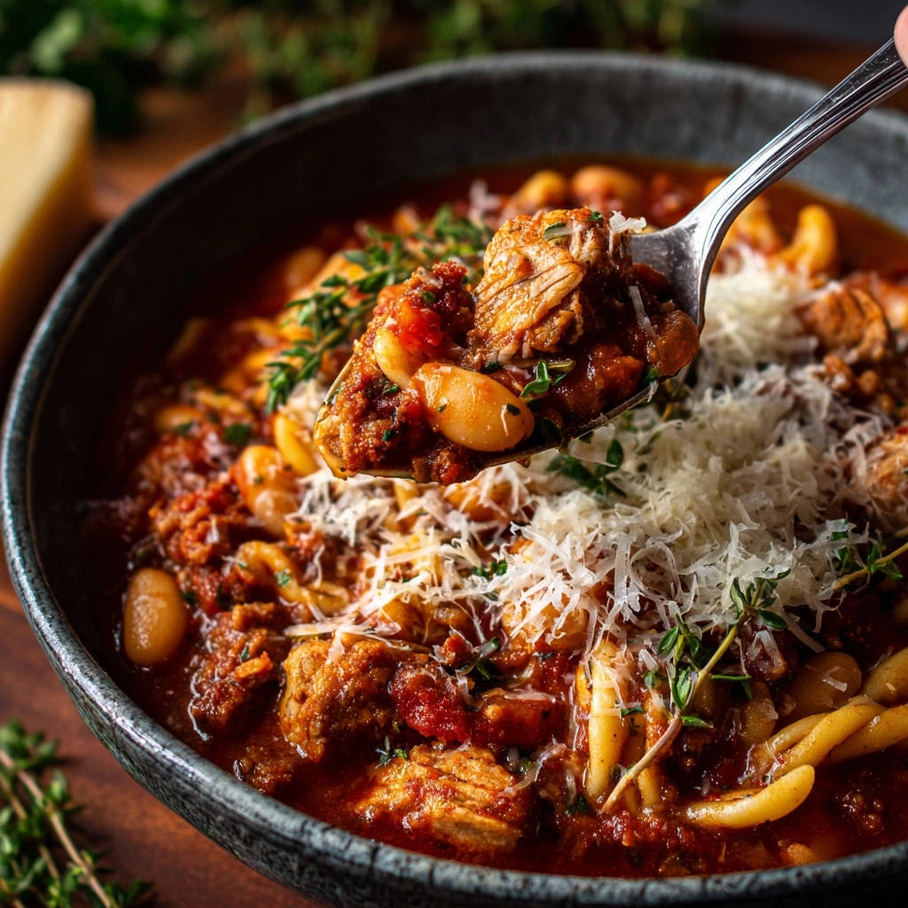 Herzhafter Bohnen-Pasta-Eintopf, eine Löffelaufnahme zeigt Fleisch, Bohnen und Nudeln mit geriebenem Käse und Kräutern.