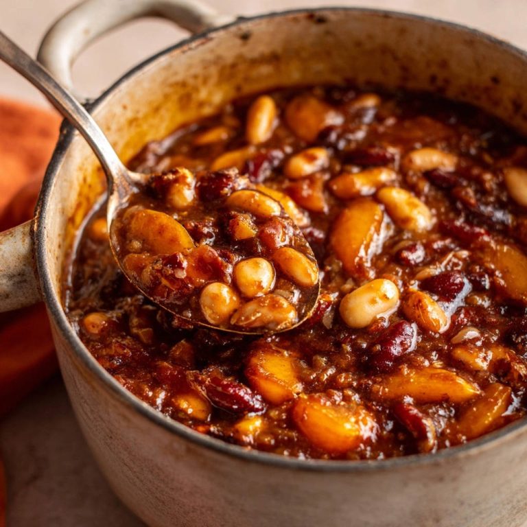 Deftiger Bohneneintopf mit Apfel und Cranberry, eine Löffelportion mit sichtbaren Bohnen und Fruchtstücken.